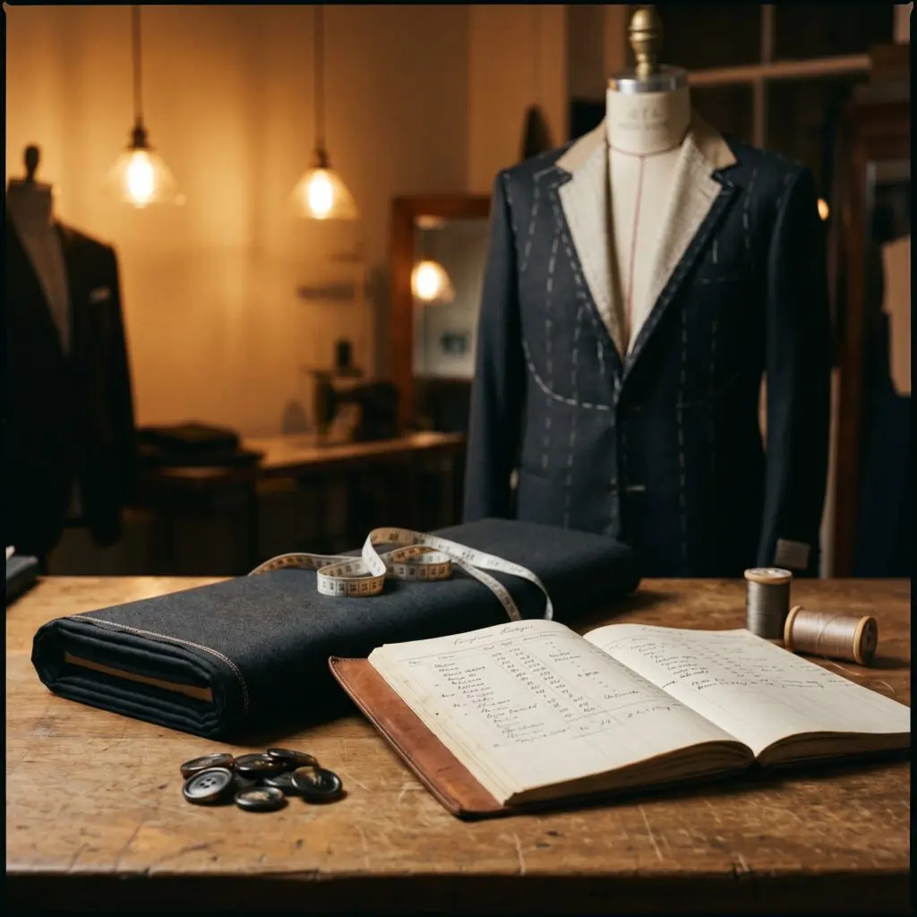 Basted suit jacket on a tailor's form beside a fabric bolt, tape measure, and ledger book on a tailoring workbench