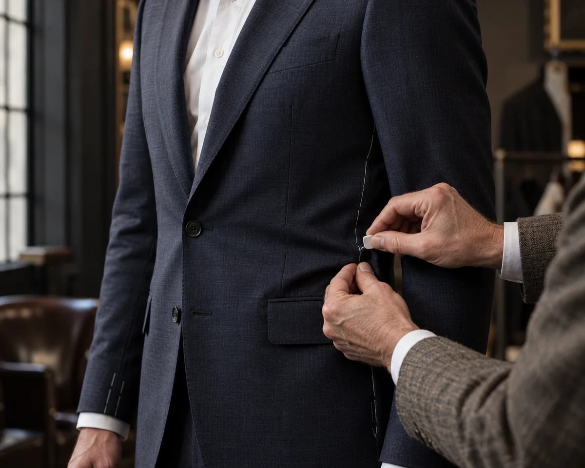 Tailor marking a navy jacket at the waist during a precise fitting