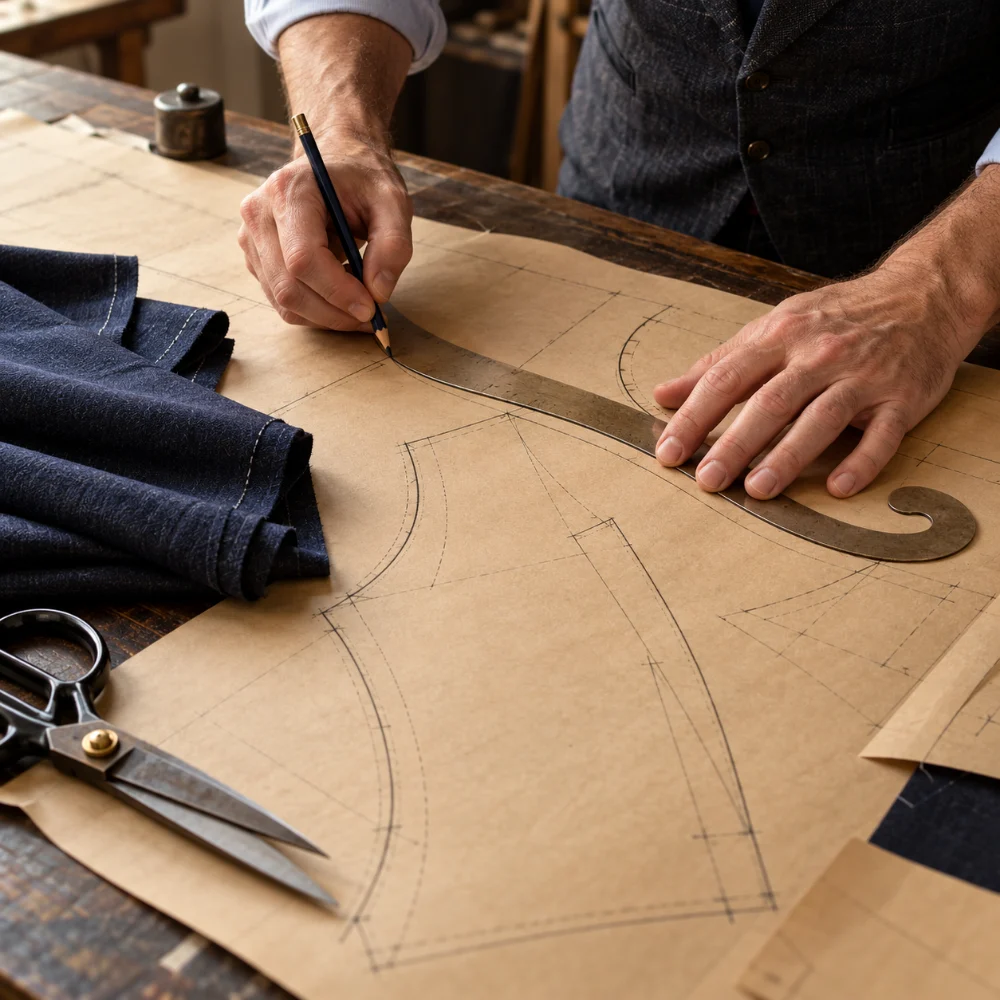 A tailor drafting an individual jacket pattern on paper beside midnight-blue wool