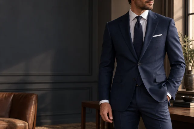 A man wearing a fitted midnight-blue two-piece suit in a tailoring room
