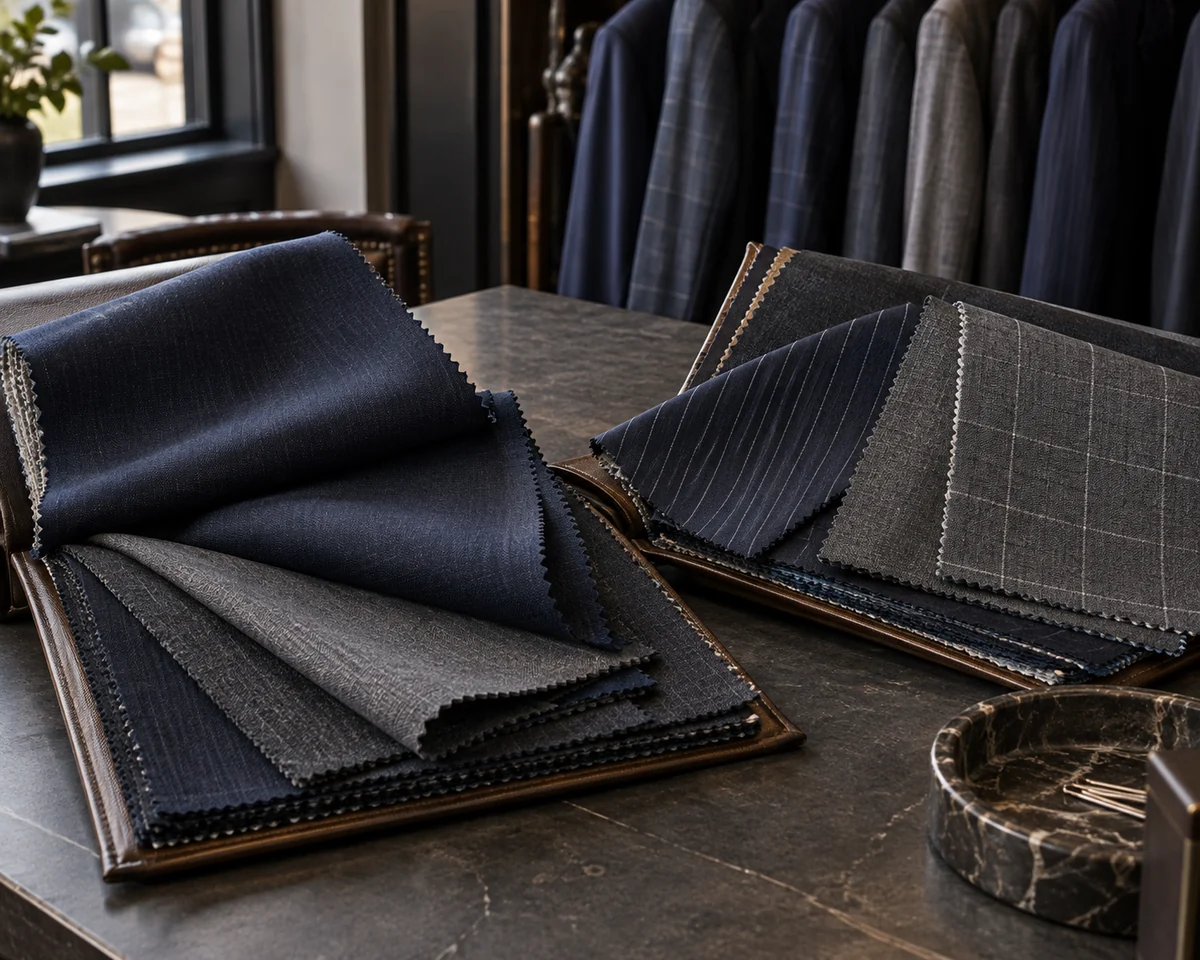 Open suiting swatch books displaying navy, charcoal, pinstripe and subtle check fabrics