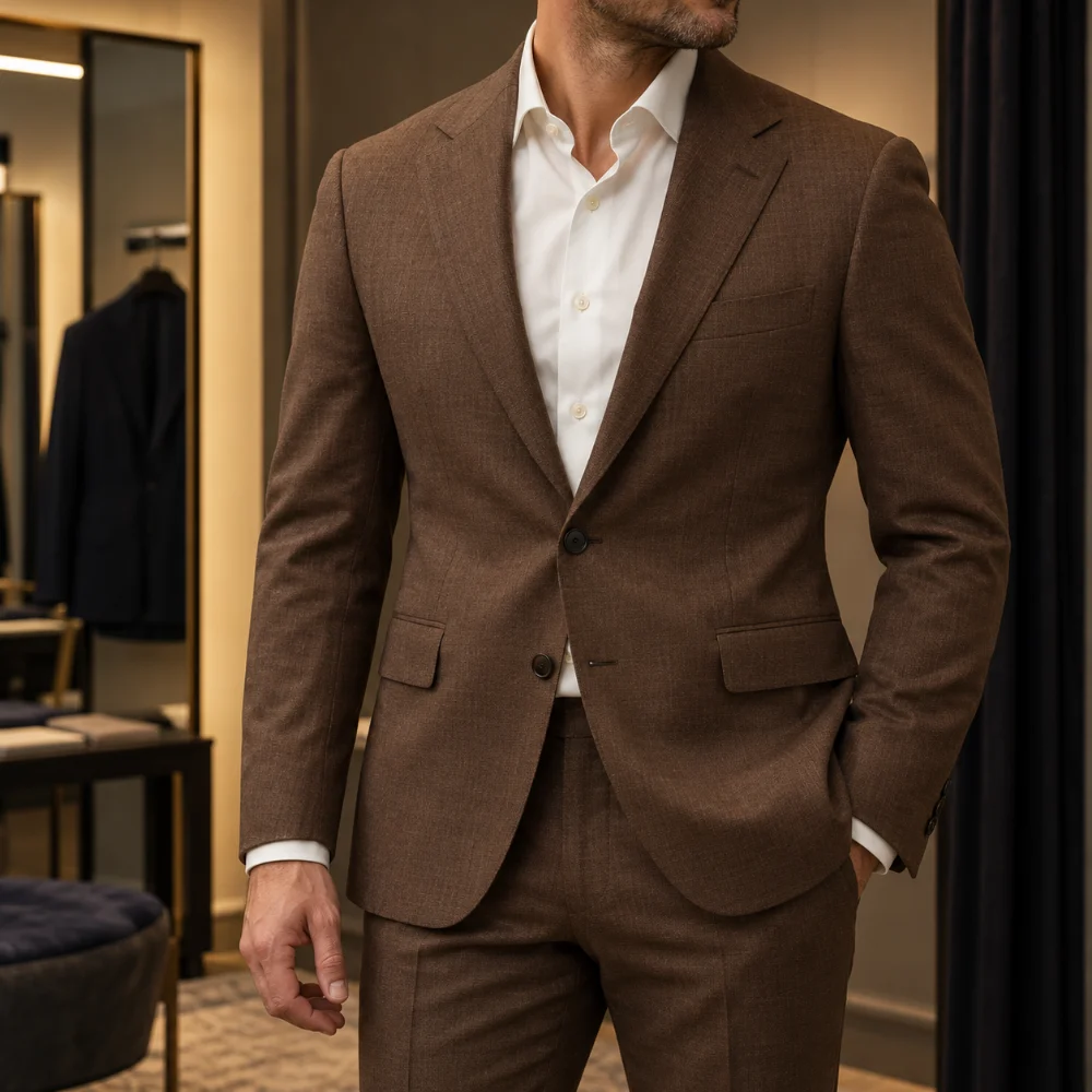 A brown suit following the wearer's shoulders, chest and waist with clean sleeve length
