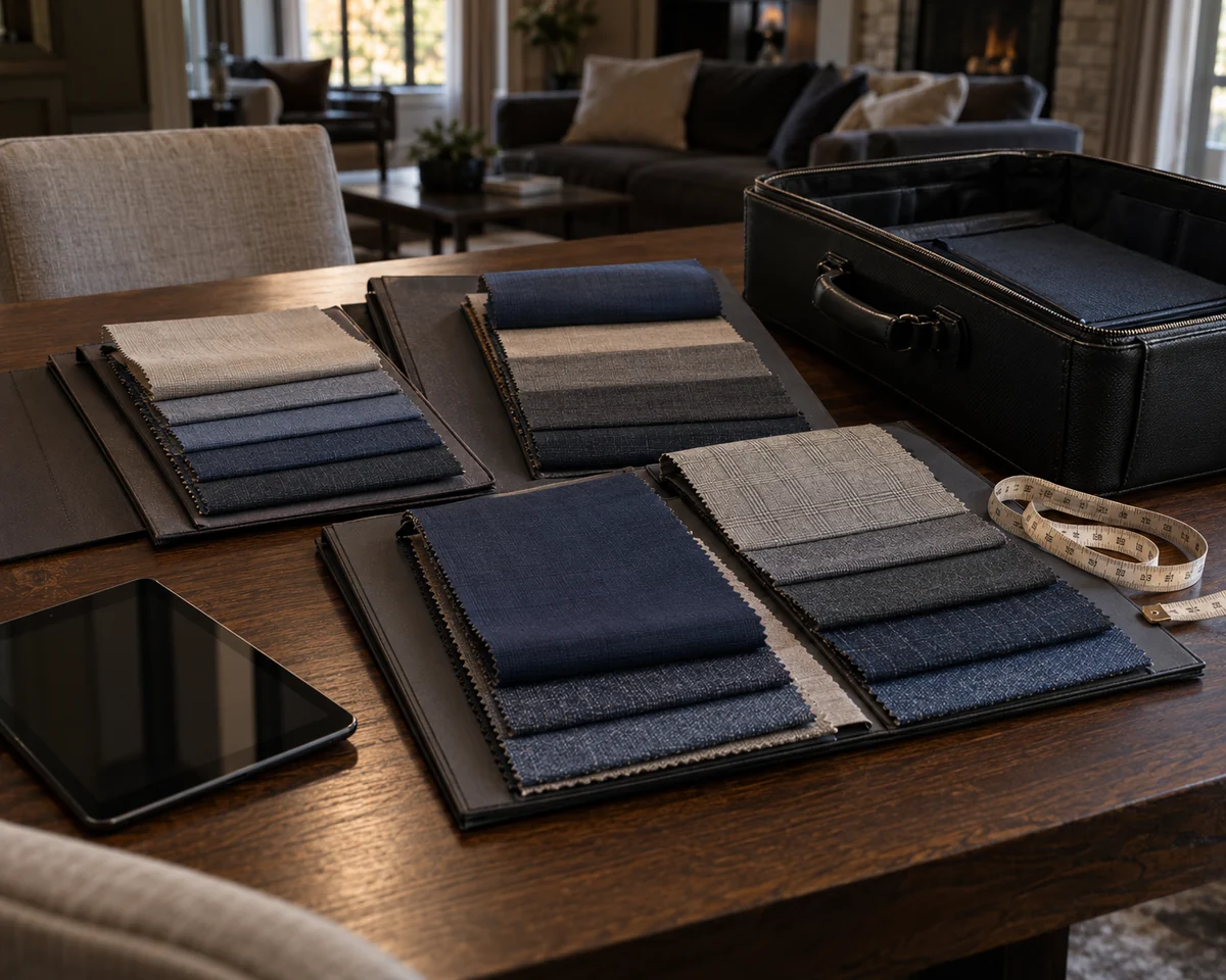 Portable fabric swatch books and measuring tools arranged for a home fitting consultation