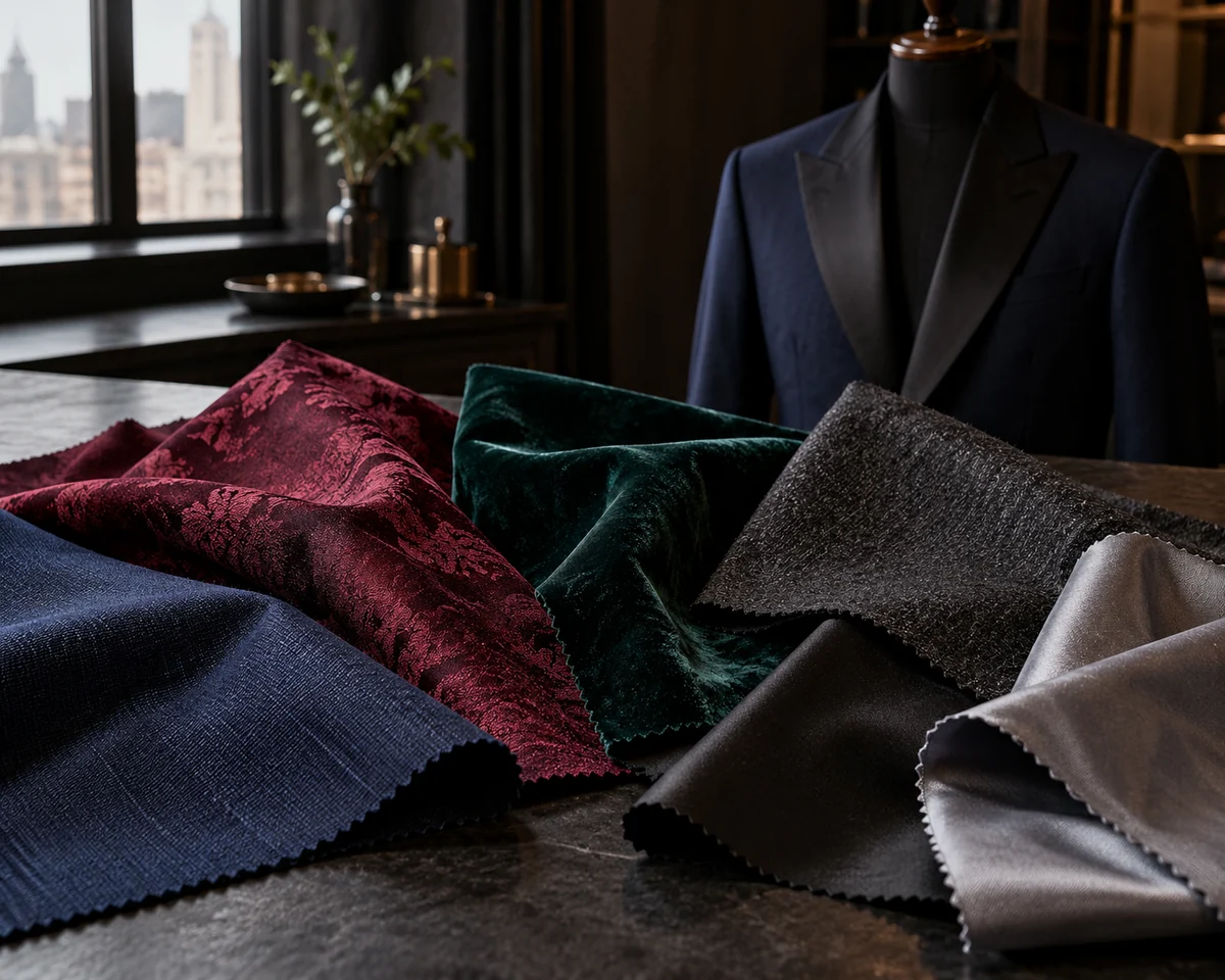 Prom suiting swatches in midnight blue, burgundy and emerald with black satin accents