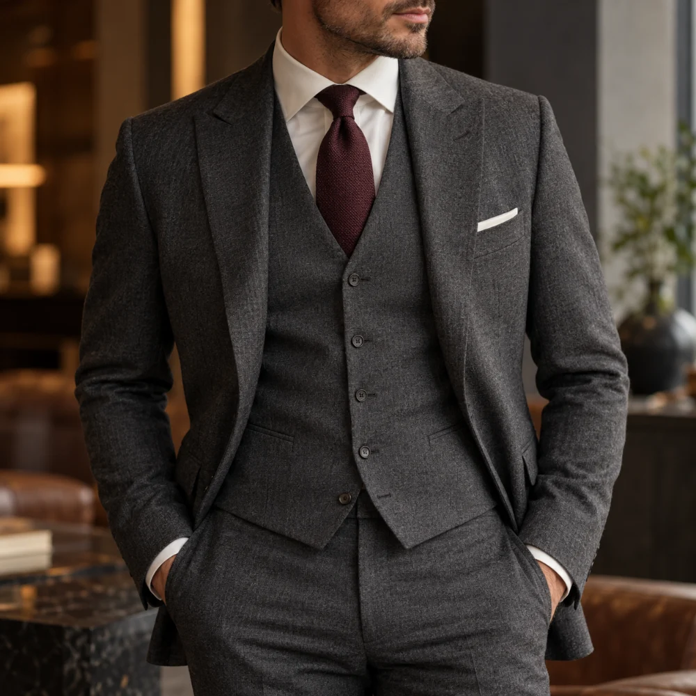Close-up of a fitted charcoal waistcoat, matching jacket and trousers, and burgundy tie