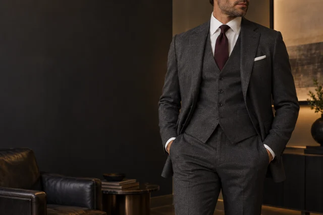A man wearing a charcoal three-piece suit with a matching vest and burgundy tie