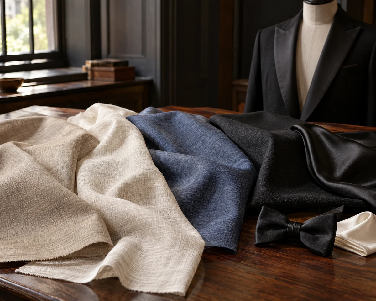 Lightweight wedding suit cloth beside black formal wool, silk and a tuxedo lapel
