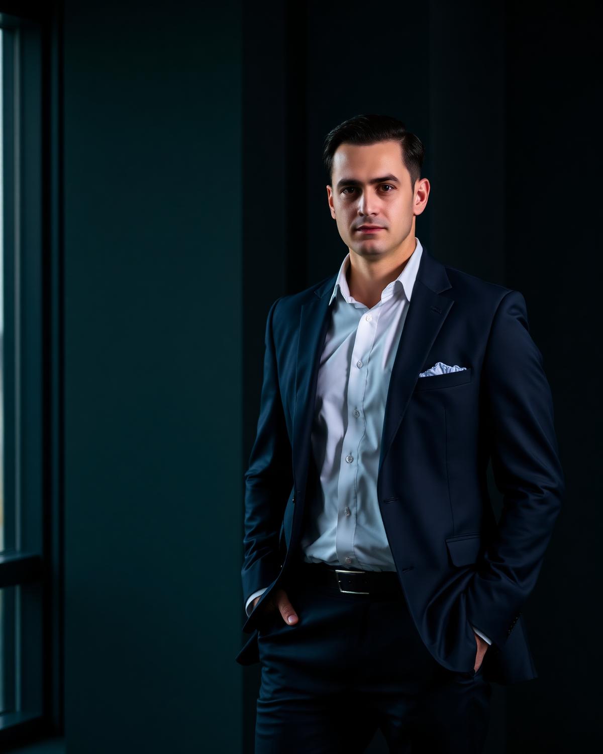 Executive wearing a custom-tailored navy business suit