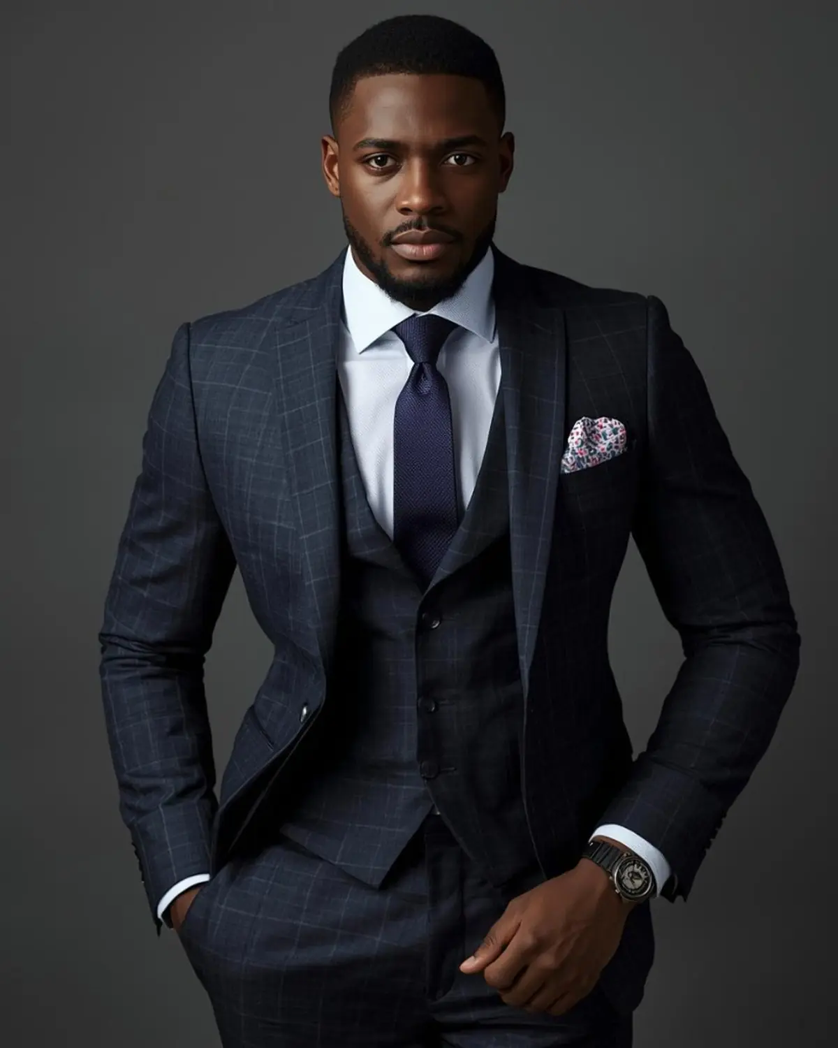 Businessman in a custom navy plaid three-piece suit tailored in Kansas City