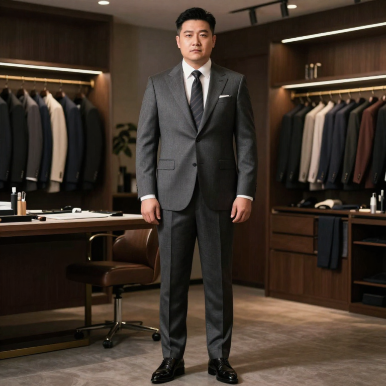 Man wearing a fitted charcoal custom suit with striped tie and pocket square standing in a suit showroom with tailored suits displayed on racks behind him