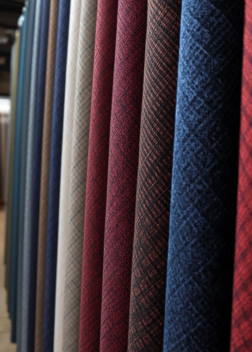 Custom suit fabric bolts in burgundy, navy, charcoal, and check patterns displayed in a fabric showroom for made-to-measure suit selection