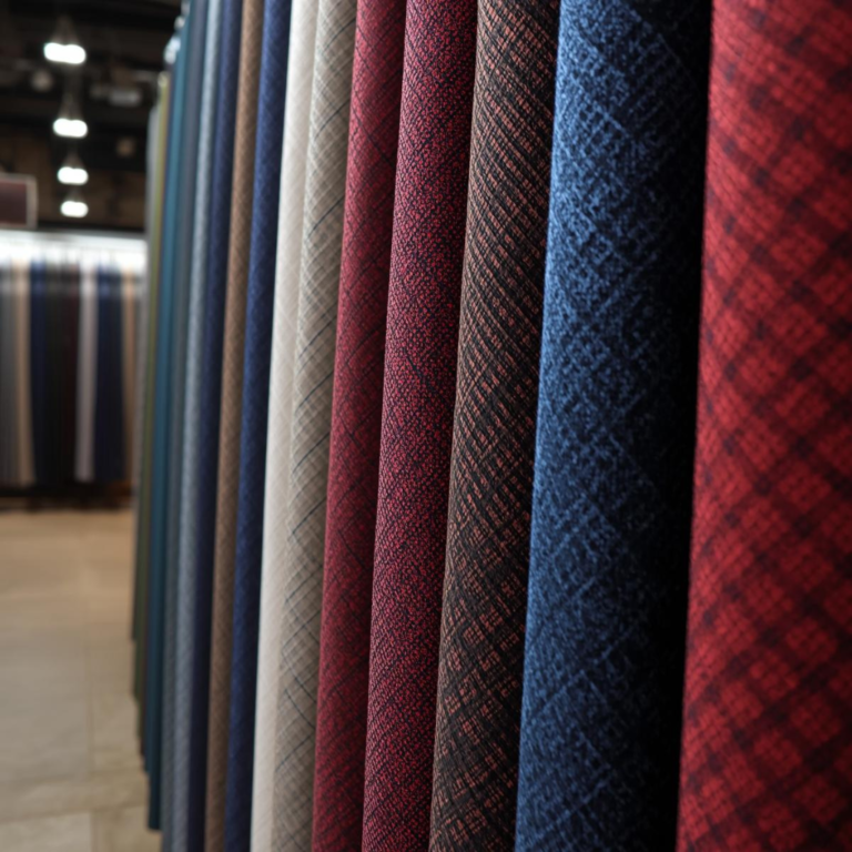 Custom suit fabric bolts in burgundy, navy, charcoal, and check patterns displayed in a fabric showroom for made-to-measure suit selection