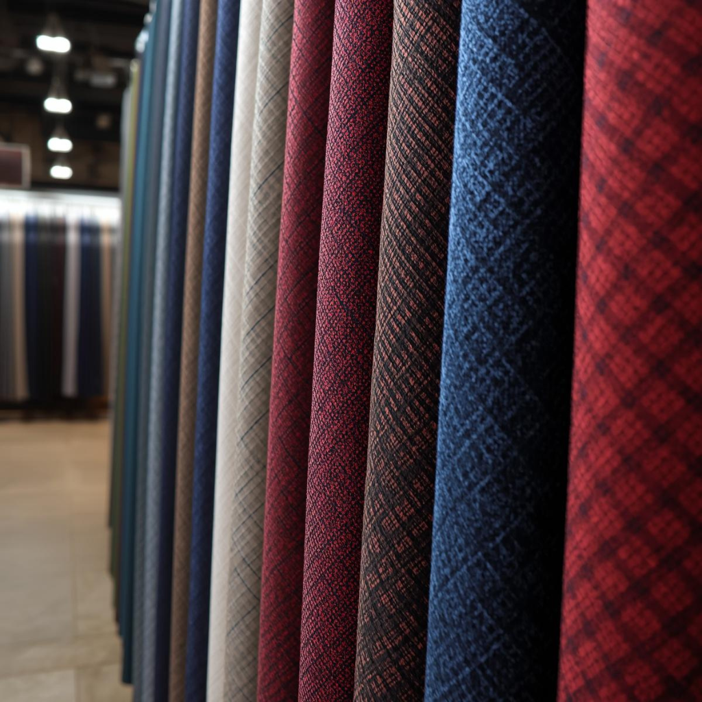 Custom Suit Fabrics: A Complete Guide to Choosing Your Material 3 Custom suit fabric bolts in burgundy, navy, charcoal, and check patterns displayed in a fabric showroom for made-to-measure suit selection