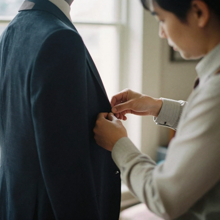 Custom Wedding Suits for Grooms and Groomsmen 32 Tailor pinning the front of a navy suit jacket during a mobile suit fitting appointment with natural window light in the background