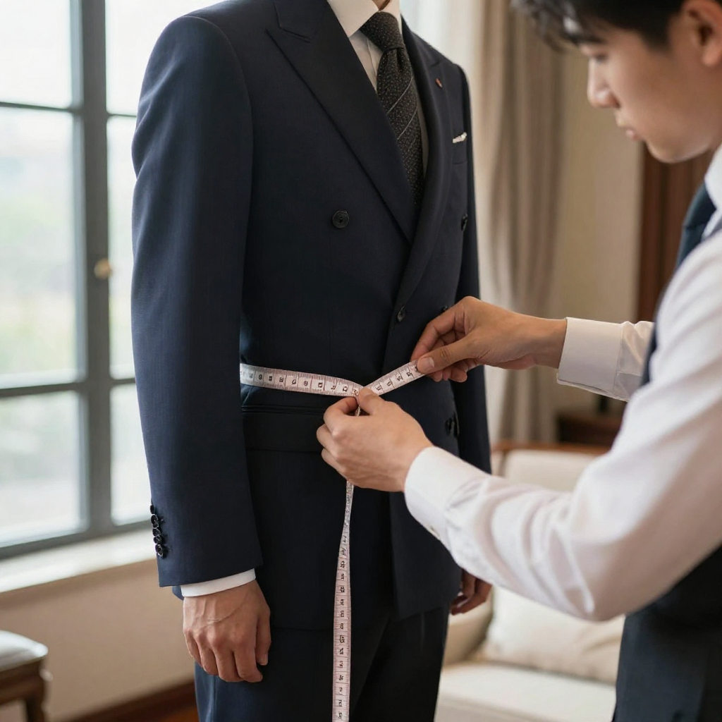 What to Expect from Your First Mobile Suit Fitting in Kansas City 1 Tailor measuring the waist of a client wearing a navy suit during a mobile suit fitting appointment in a home setting
