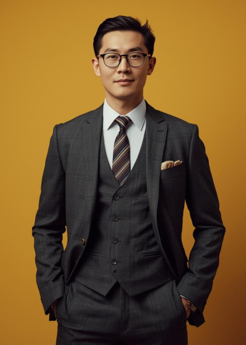 A man wearing a custom suit, charcoal gray three-piece plaid suit with a striped tie, pocket square, and glasses, standing confidently against a warm amber background