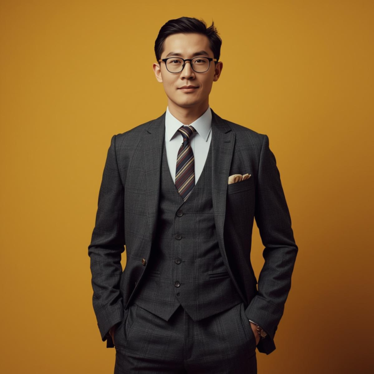 A man wearing a custom suit, charcoal gray three-piece plaid suit with a striped tie, pocket square, and glasses, standing confidently against a warm amber background