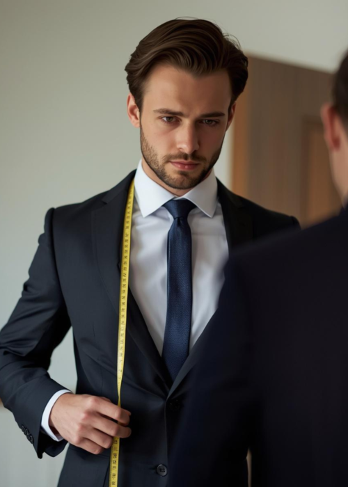 Mobile suit fitting for busy professionals tailor taking chest measurements on a man in a dark navy business suit