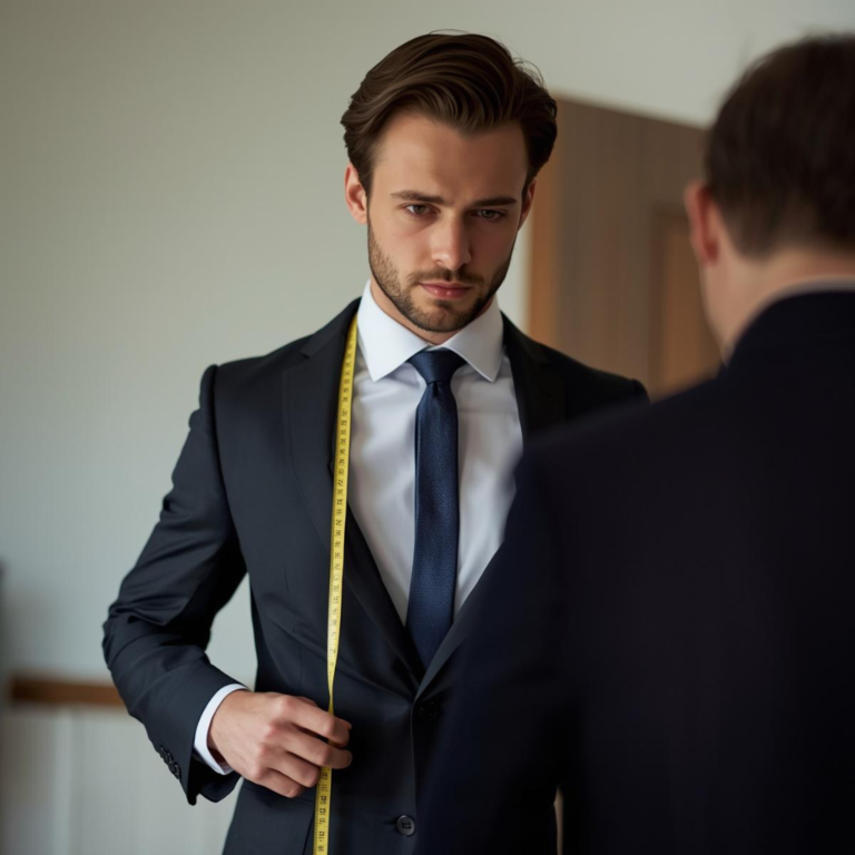 Mobile suit fitting for busy professionals tailor taking chest measurements on a man in a dark navy business suit