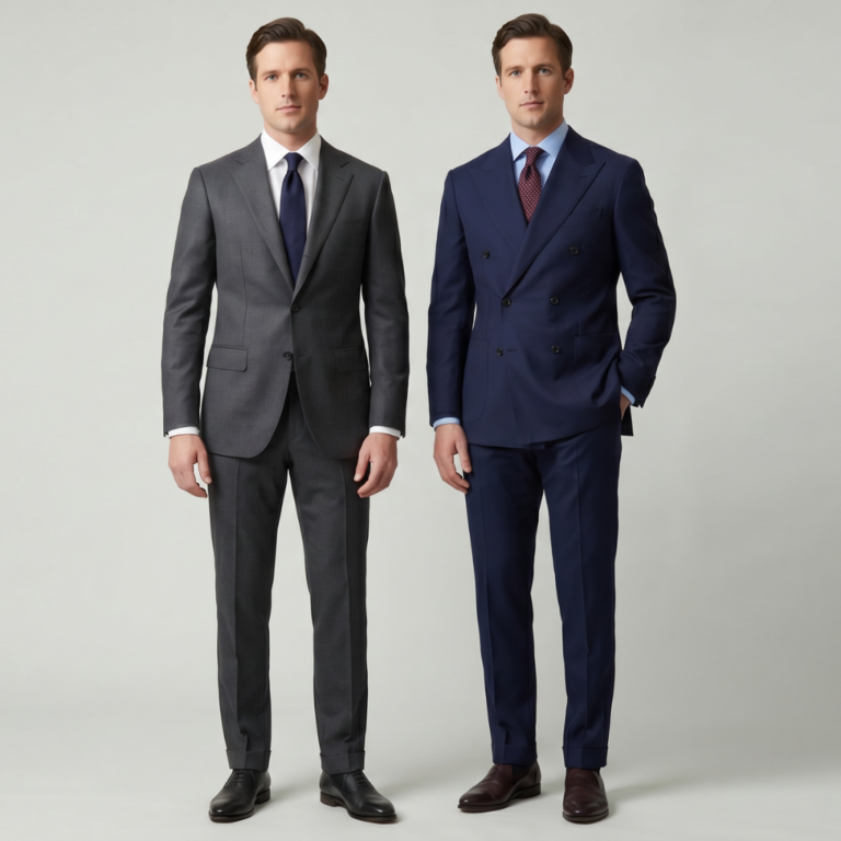 Two men standing side by side comparing a single-breasted charcoal suit and a double-breasted navy suit with peak and notch lapel styles.