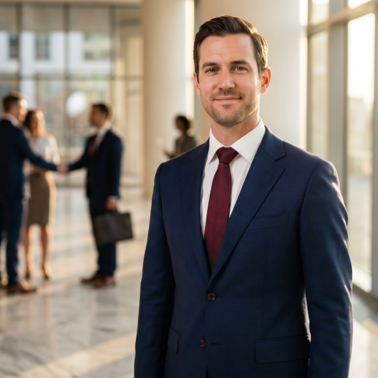 Professional man in his mid-30s wearing a custom-tailored navy two-piece suit, white shirt, and burgundy silk tie, smiling confidently in a bright corporate lobby.