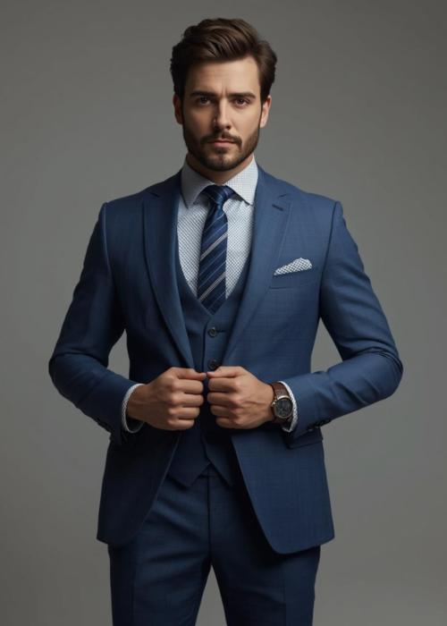 A well-dressed man in a tailored navy blue three-piece suit with a striped tie, pocket square, and luxury watch against a gray background. Showing of the suit fit.
