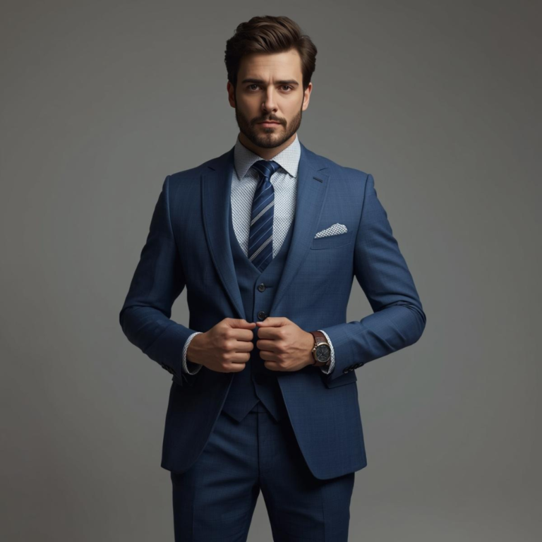 A well-dressed man in a tailored navy blue three-piece suit with a striped tie, pocket square, and luxury watch against a gray background. Showing of the suit fit.