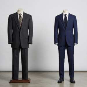 Two types of mens suits, one older grey and mute colors and one more modern, navy blue.